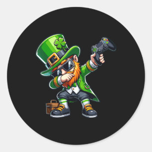 Pegatina Redonda Dabbing Gamer Leprechaun Dab Baile Día de St Patty