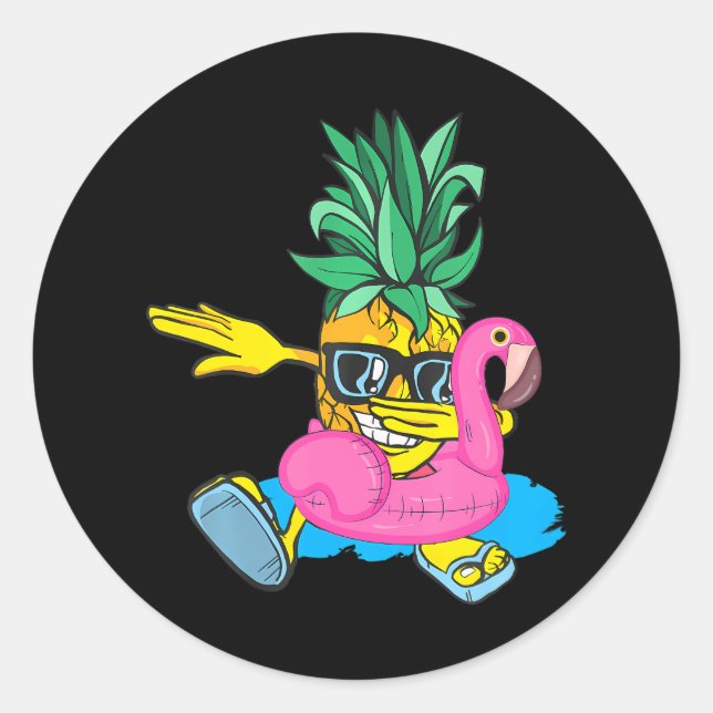 Pegatina Redonda Dabbing Pineapple Flamingo Float Aloha (Anverso)