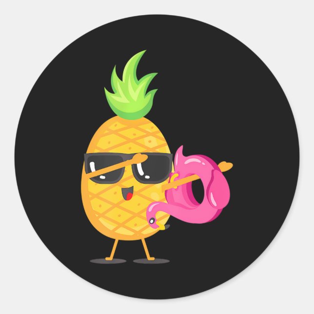 Pegatina Redonda Dabbing Pineapple Flamingo Float Aloha (Anverso)