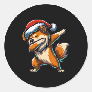 Pegatina Redonda Dabbing Pomeranian Santa Hat Navidades Dab Dance G