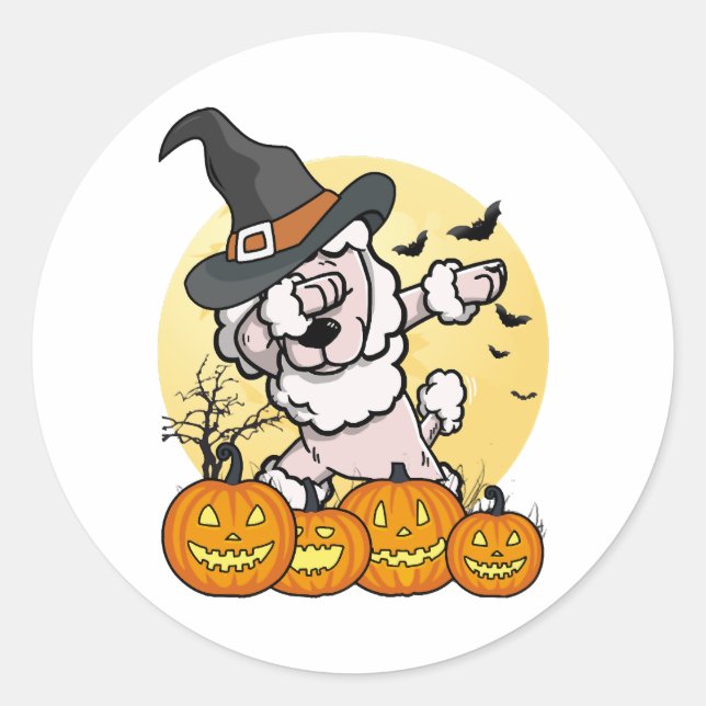 Pegatina Redonda Dabbing Poodle Halloween (Anverso)