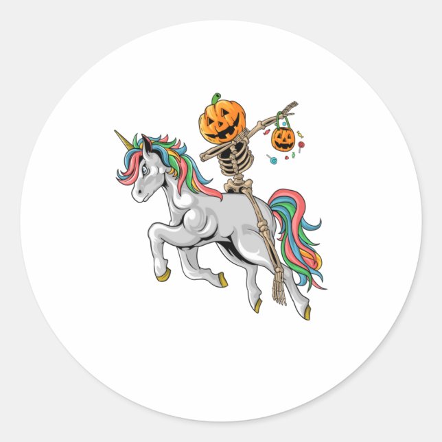 Pegatina Redonda Dabbing Pumpkin Skeleton Riding Unicorn (Anverso)