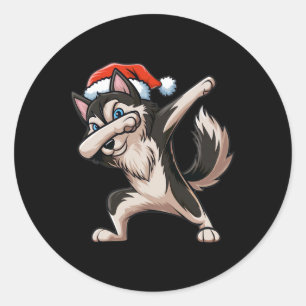 Pegatina Redonda Dabbing Siberian Husky Santa Hat Navidades Dab Dan