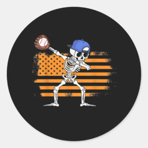 Pegatina Redonda Dabbing Skeleton Baseball Funny Halloween