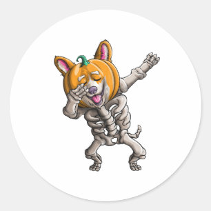Pegatina Redonda Dabbing Skeleton Corgi Cute Halloween Corgi Funny