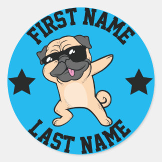Pegatina Redonda Dabbing Tan Pug First Name