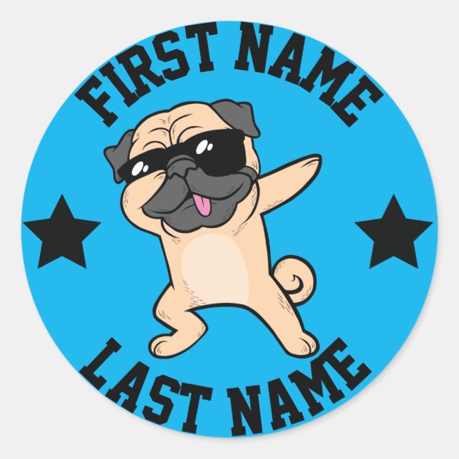 Pegatina Redonda Dabbing Tan Pug First Name (Anverso)