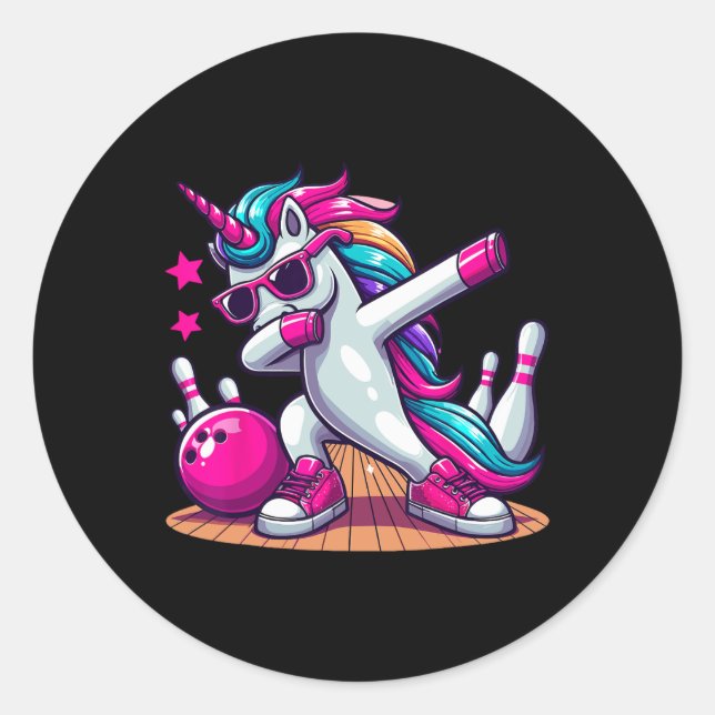Pegatina Redonda Dabbing Unicorn Bowling (Anverso)