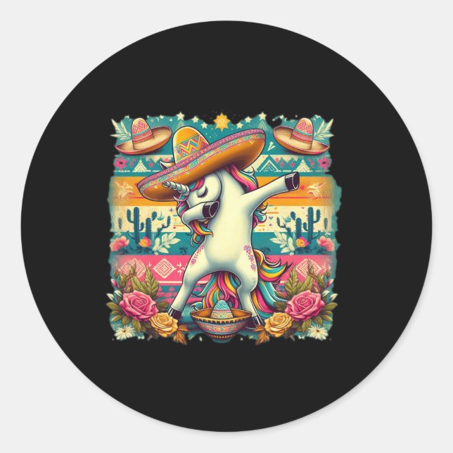 Pegatina Redonda Dabbing Unicorn Cinco De Mayo (Anverso)
