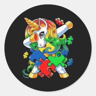 Pegatina Redonda Dabbing Unicorn Pieza de rompecabezas Autismo Cuid