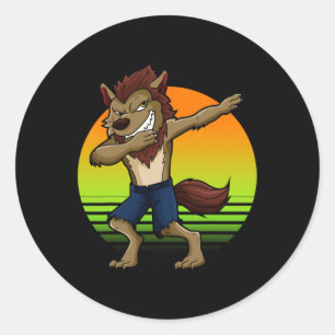 Pegatina Redonda Dabbing Werewolf Retro Sunset Halloween Niños niño