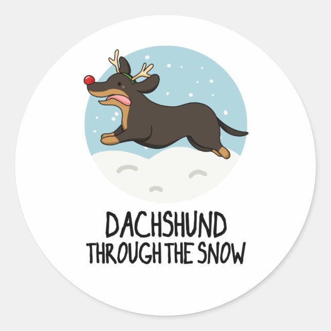 Pegatina Redonda Dachshund A Través De La Nieve Funny Navidad Pun (Anverso)