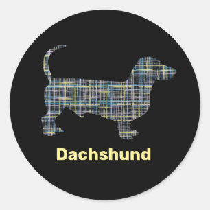 Pegatina Redonda Dachshund Amarillo y Líneas de Cuadrícula Azules A