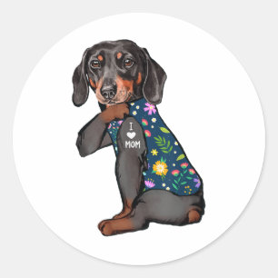 Pegatina Redonda Dachshund Amo A Mamá Tattoo Flor Perro Funny _1