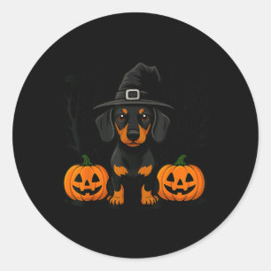 Pegatina Redonda Dachshund brujo negro y canela de Halloween espelu