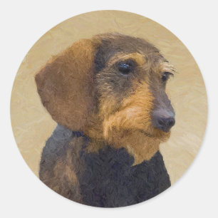 Pegatina Redonda Dachshund (Cabezal alambrada) Pintura original de
