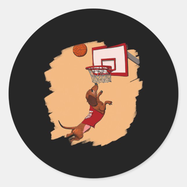 Pegatina Redonda Dachshund Chiweenie Wiener Dog Jugando Baloncesto (Anverso)