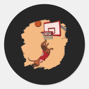 Pegatina Redonda Dachshund Chiweenie Wiener Dog Jugando Baloncesto