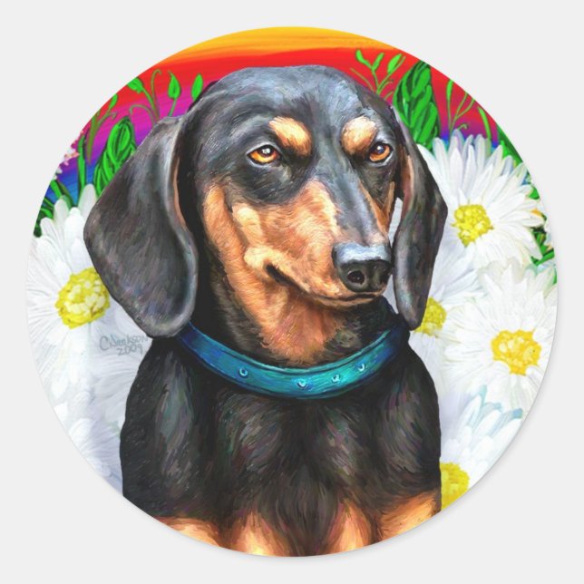Pegatina Redonda Dachshund Daisy Patch B&T (Anverso)