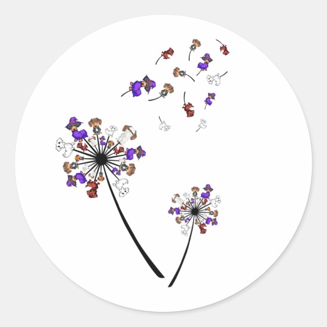 Pegatina Redonda Dachshund Dandelion Flor Halloween Ideas de disfra (Anverso)