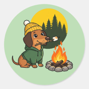 Pegatina Redonda Dachshund de camping asando malvavisco