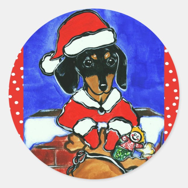Pegatina Redonda Dachshund de Navidad (Anverso)