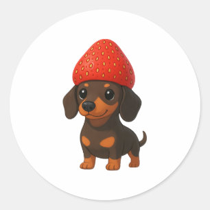 Pegatina Redonda Dachshund divertido con fresas y sombrero afrutado