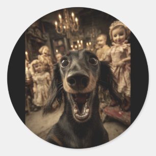 Pegatina Redonda Dachshund Divertido Selfie Y Muñecas Halloween Esp