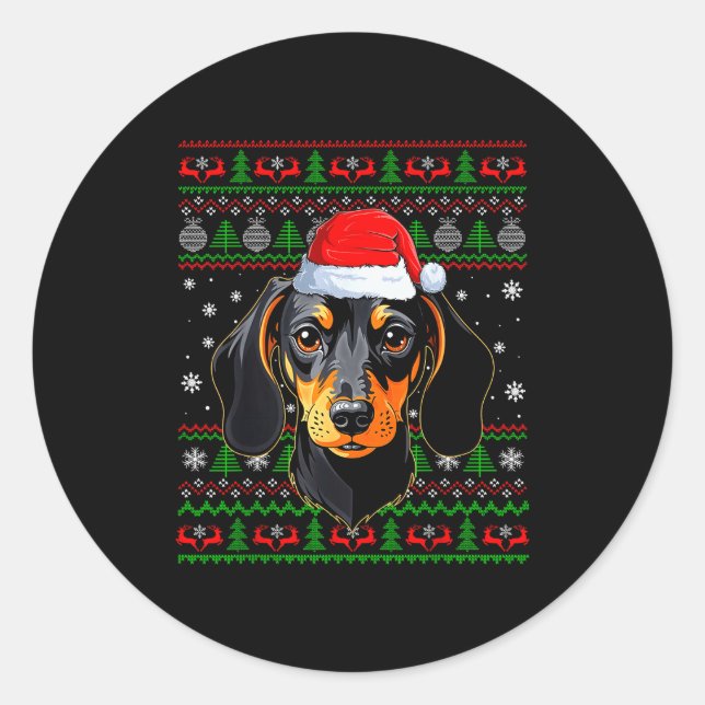 Pegatina Redonda Dachshund Dog Christmas Ugly Sweater Santa Adults  (Anverso)