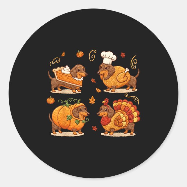 Pegatina Redonda Dachshund Dog Pumpkin E Turkey Thanksgiving Men Wo (Anverso)