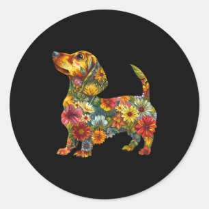 Pegatina Redonda Dachshund Floral Perrito Lindo Animal Amante Doxie