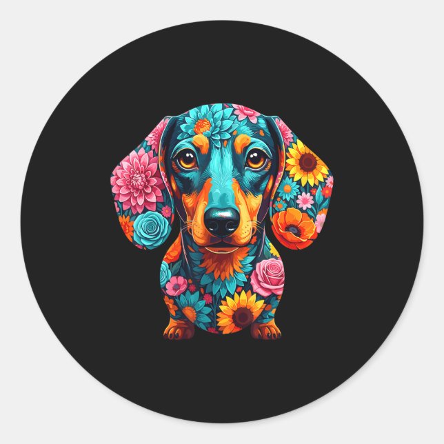 Pegatina Redonda Dachshund Flower Funny Dog  (Anverso)