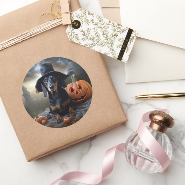 Pegatina Redonda Dachshund Halloween Scary (Regalar)