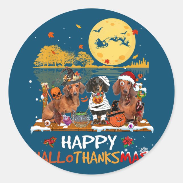 Pegatina Redonda Dachshund Happy Hallothanksmas Halloween Thanksgiv (Anverso)