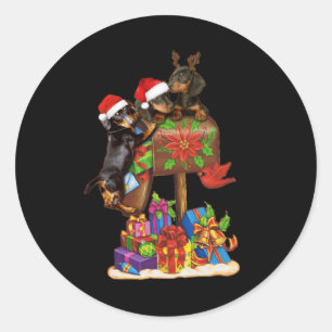 Pegatina Redonda Dachshund In Box Letra Decoraciones Xmas al aire l