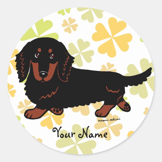 Pegatina Redonda Dachshund Long Haired Black and Tan (Anverso)