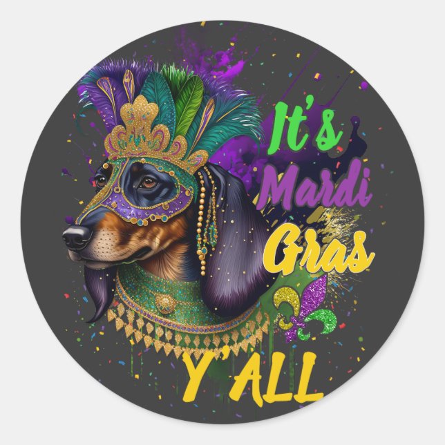Pegatina Redonda Dachshund Mardi Gras Y'all Carnival Masquerade (Anverso)
