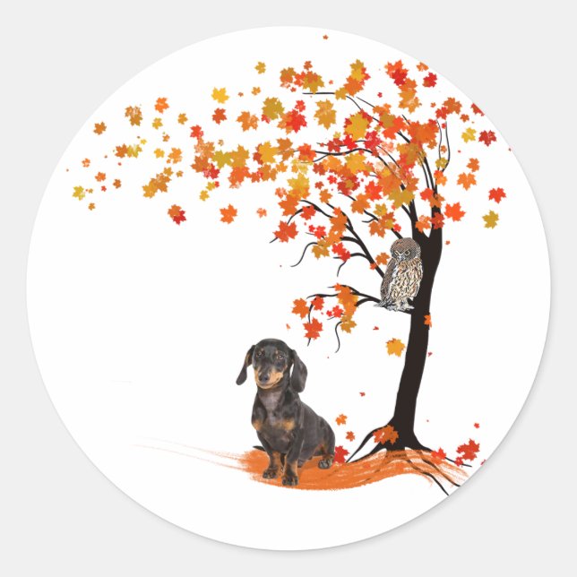 Pegatina Redonda Dachshund Owl And Fall Tree Dachshund Lover Otoño (Anverso)