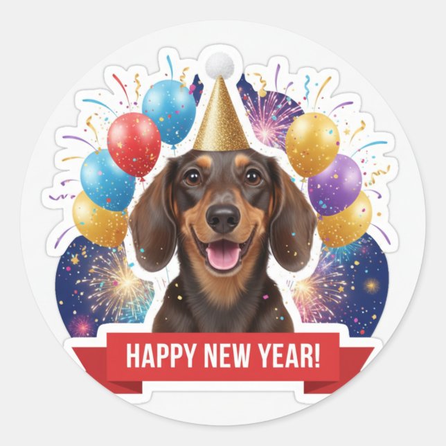 Pegatina Redonda Dachshund Party Hat New Year Sticker (Anverso)