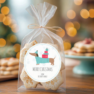 Pegatina Redonda Dachshund Personalizado Feliz Navidad