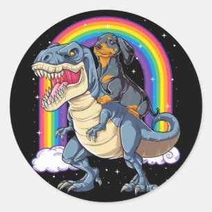 Pegatina Redonda Dachshund Riding Dinosaur T Rex Gifts Boys Kids Me