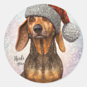 Pegatina Redonda Dachshund, Santa Dog, personalista, Navidades