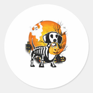 Pegatina Redonda Dachshund Skeleton Halloween Feliz Calabaza