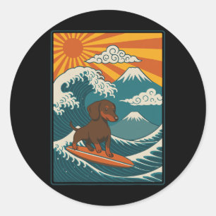 Pegatina Redonda Dachshund Surfing Ola Japonesa Perro Wiener 