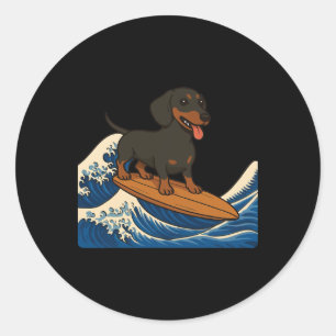 Pegatina Redonda Dachshund Surfing Ola Japonesa Perro Wiener _1 