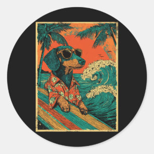 Pegatina Redonda Dachshund Surfista Retro Perro Surfista Playa Hawa