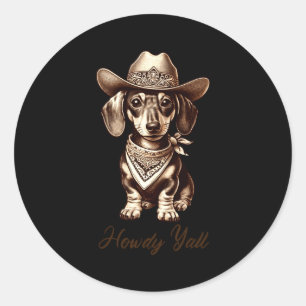 Pegatina Redonda Dachshund Vaquero Perrito Salchicha Lindo Vaquero