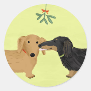 Pegatina Redonda Dachshunds Mistletoe Kiss   Navidades Wiener Dogs