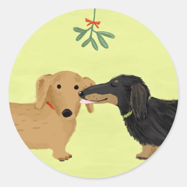 Pegatina Redonda Dachshunds Mistletoe Kiss | Navidades Wiener Dogs (Anverso)
