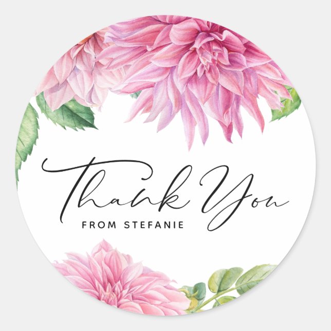 Pegatina Redonda Dahlia floral de acuarela rosa, agradecimiento de  (Anverso)